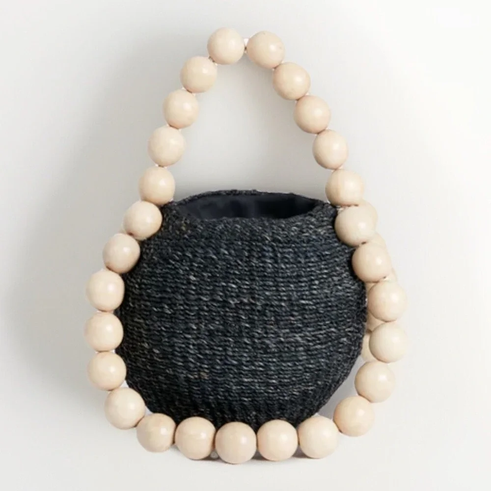Aranaz Gumball Wood Beaded Bucket Bag Black NWT‎ $270msrp